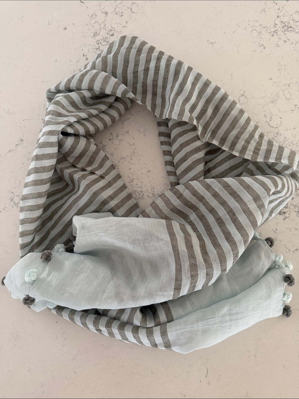 Eileen Fisher Gray & light blue ( light mint) Striped Pom-Trim Scarf 26 X 70’